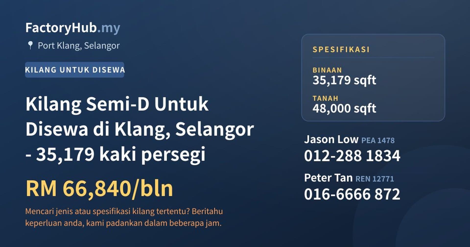 Kilang Semi-D Untuk Disewa di Klang, Selangor - 35,179 kaki persegi · Imej hartanah 1/2