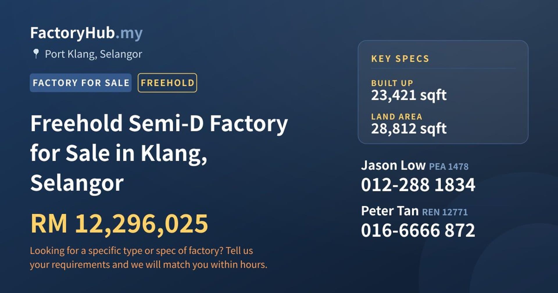 Freehold Semi-D Factory for Sale in Klang, Selangor - Property image 1 of 2