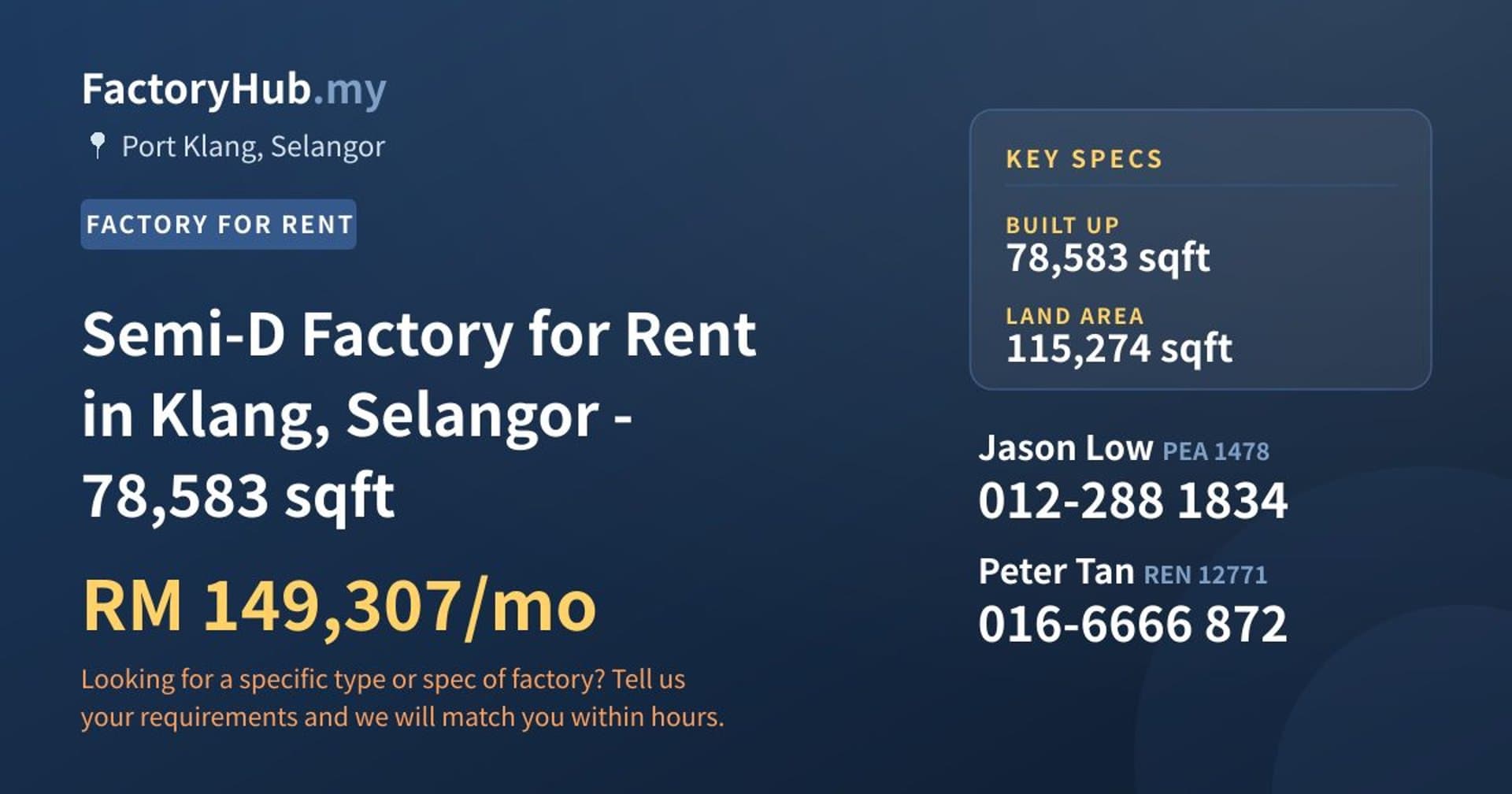 Semi-D Factory for Rent in Klang, Selangor - 78,583 sqft - Property image 1 of 2