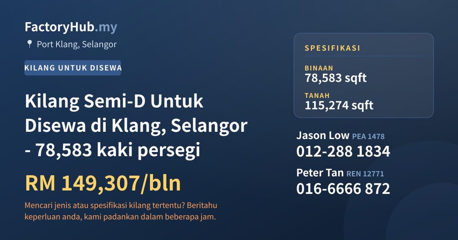 Kilang Semi-D Untuk Disewa di Klang, Selangor - 78,583 kaki persegi · Imej hartanah 1/2