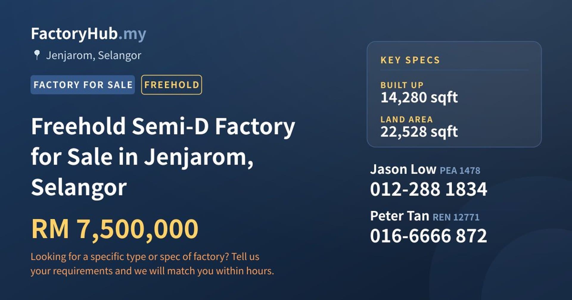 Freehold Semi-D Factory for Sale in Jenjarom, Selangor - Property image 1 of 2