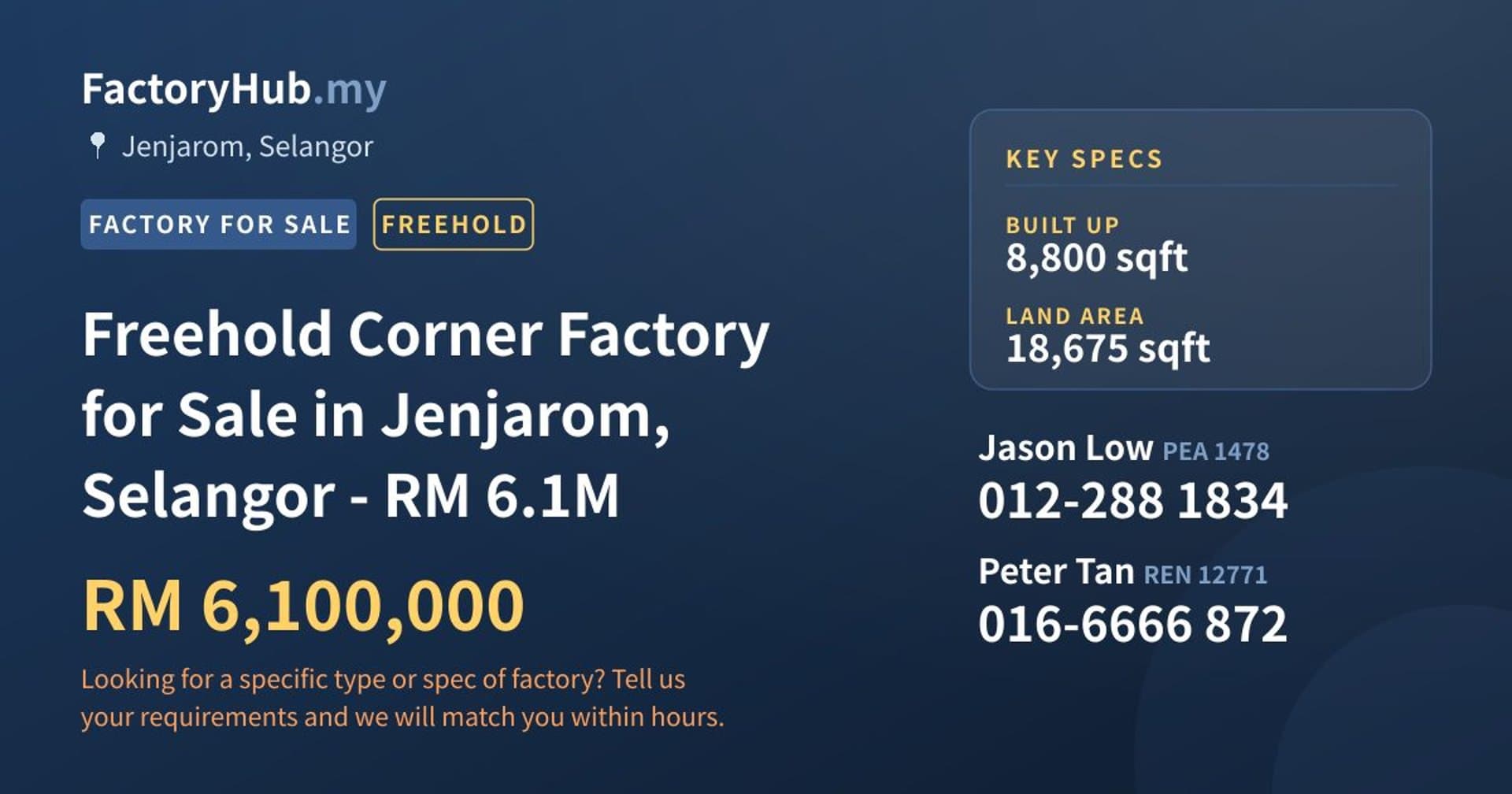 Freehold Corner Factory for Sale in Jenjarom, Selangor - RM 6.1M - Property image 1 of 2