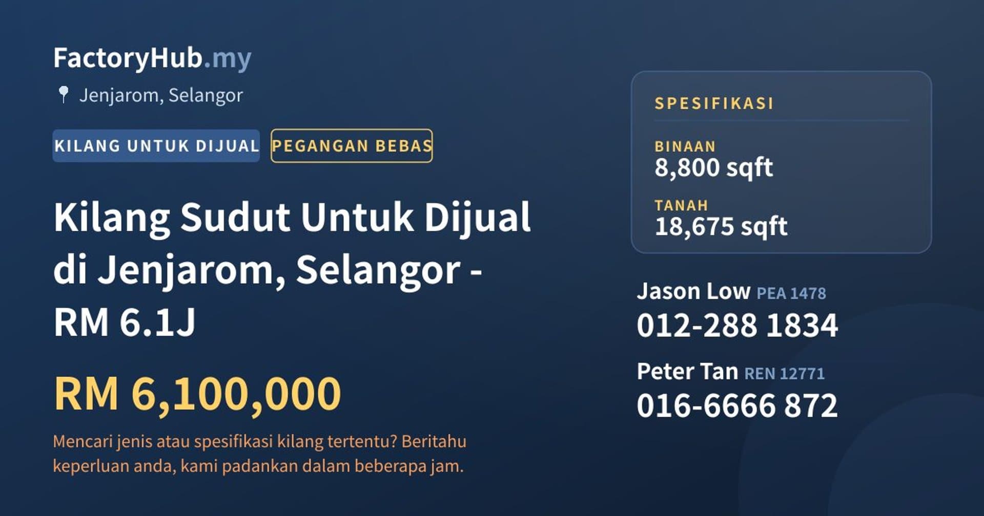 Kilang Sudut Untuk Dijual di Jenjarom, Selangor - RM 6.1J · Imej hartanah 1/2
