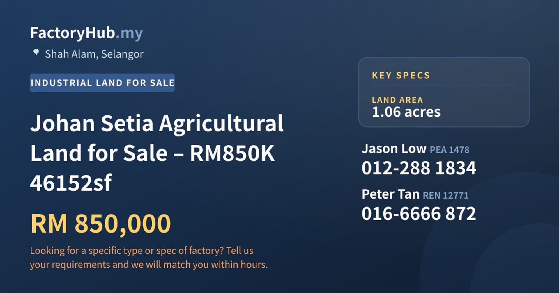 Johan Setia Agricultural Land for Sale – RM850K 46152sf - Property image 1 of 4