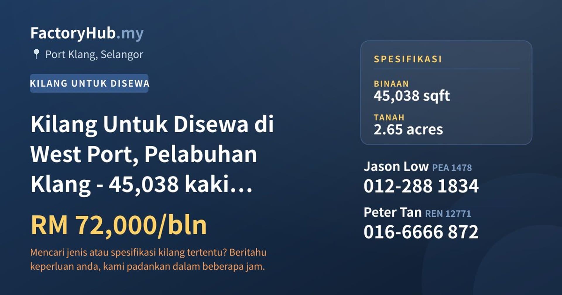 Kilang Untuk Disewa di West Port, Pelabuhan Klang - 45,038 kaki persegi · Imej hartanah 1/2
