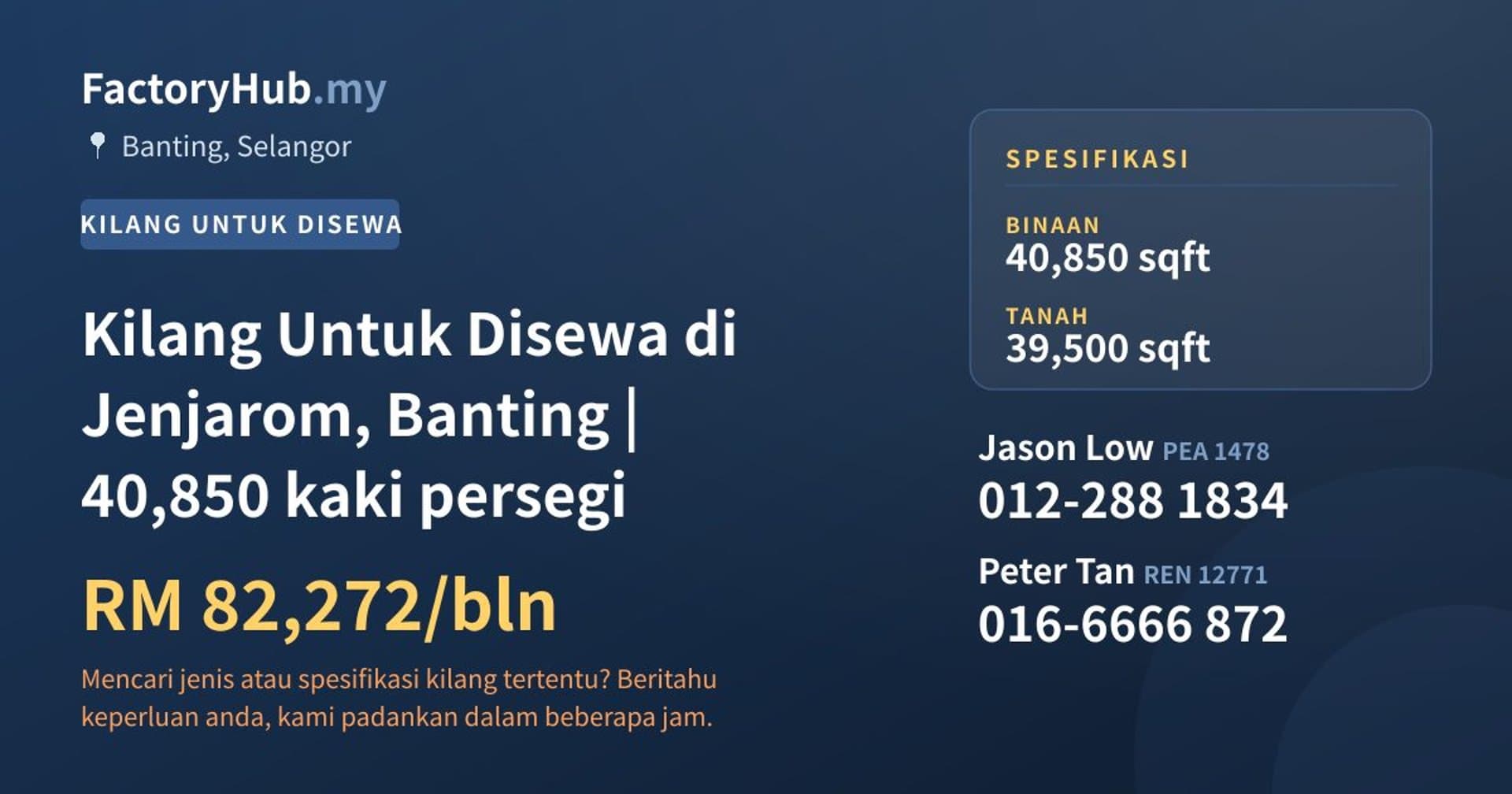 Kilang Untuk Disewa di Jenjarom, Banting | 40,850 kaki persegi · Imej hartanah 1/2