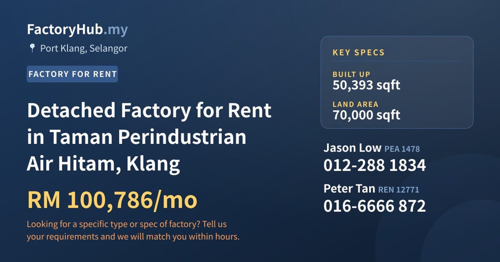 Detached Factory for Rent in Taman Perindustrian Air Hitam, Klang - Property image 1 of 2