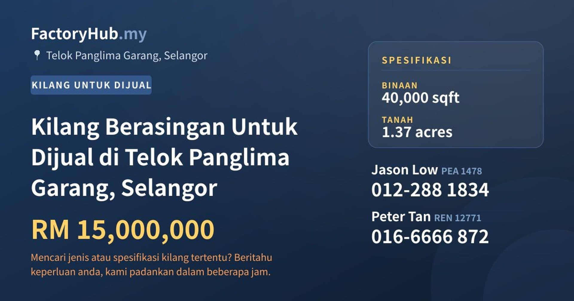 Kilang Berasingan Untuk Dijual di Telok Panglima Garang, Selangor · Imej hartanah 1/2