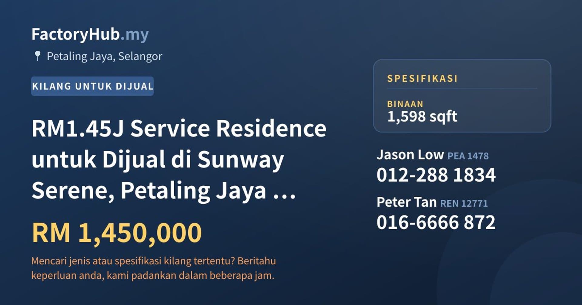 RM1.45J Service Residence untuk Dijual di Sunway Serene, Petaling Jaya – 1598kp · Imej hartanah 1/10