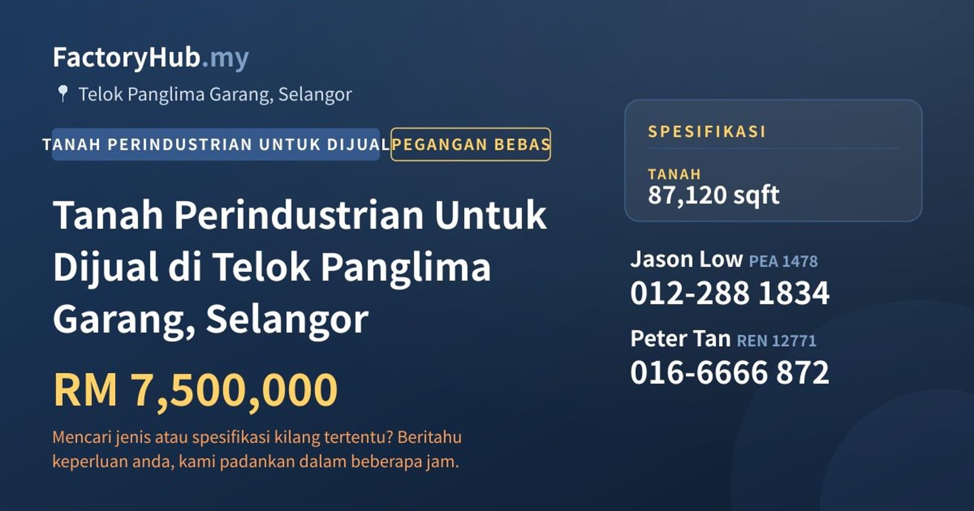 Tanah Perindustrian Untuk Dijual di Telok Panglima Garang, Selangor · Imej hartanah 1/2