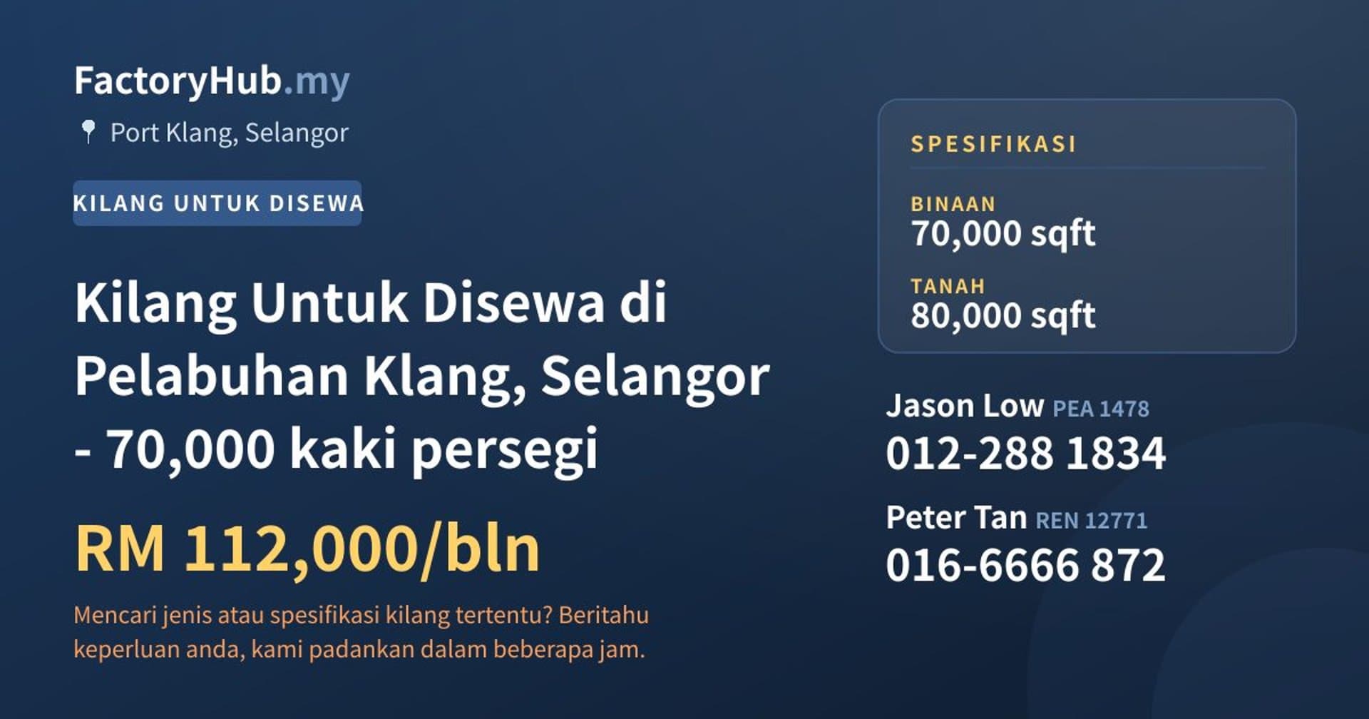 Kilang Untuk Disewa di Pelabuhan Klang, Selangor - 70,000 kaki persegi · Imej hartanah 1/2