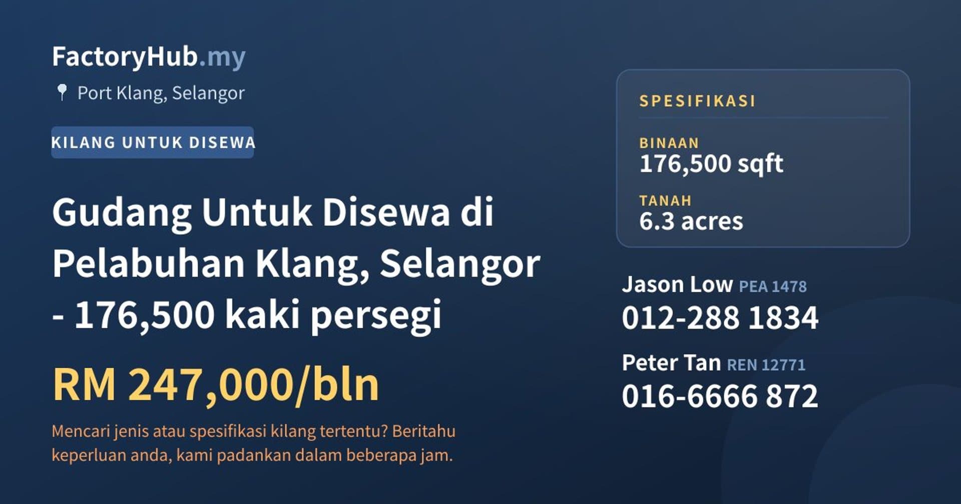 Gudang Untuk Disewa di Pelabuhan Klang, Selangor - 176,500 kaki persegi · Imej hartanah 1/2