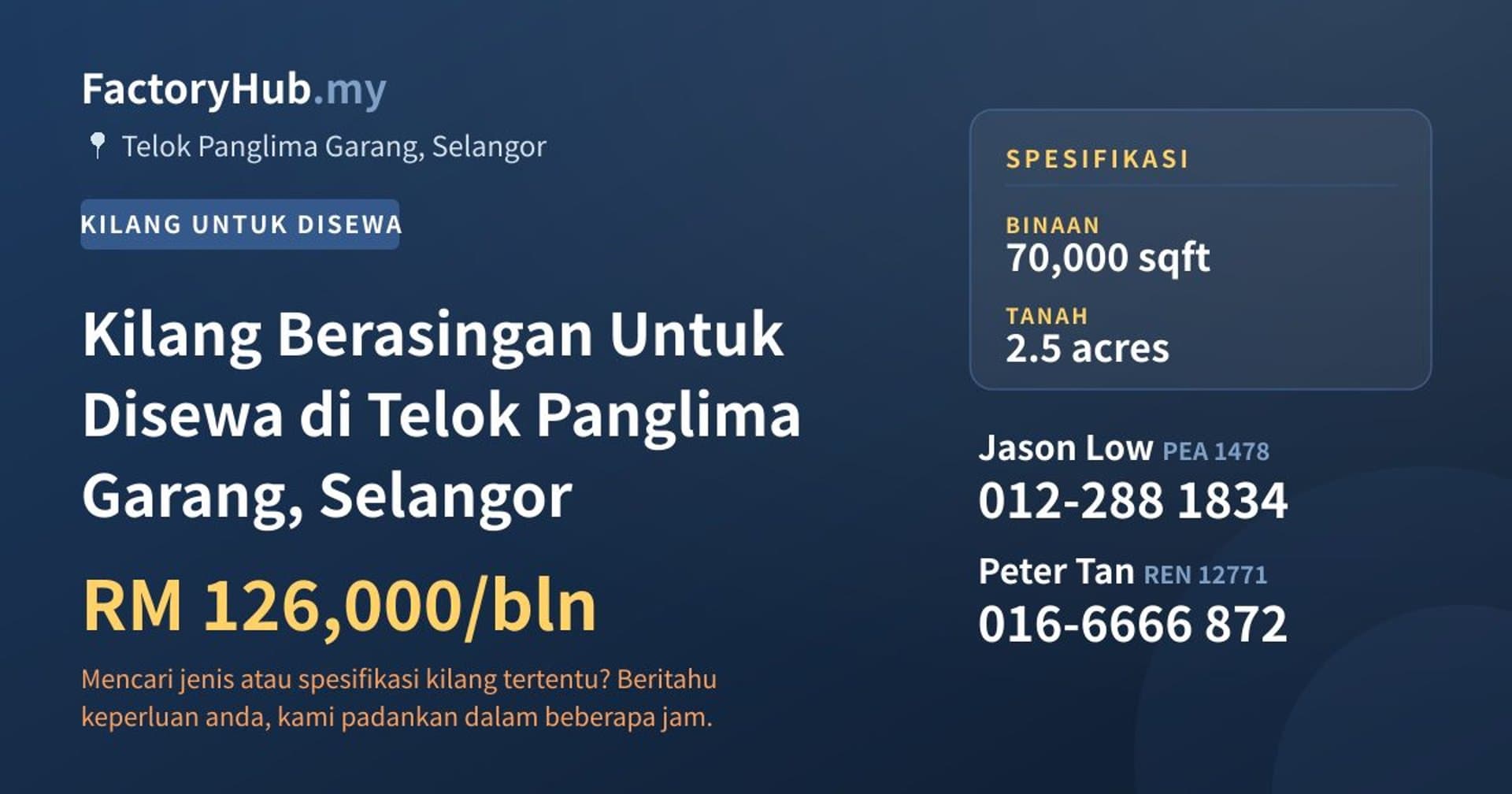 Kilang Berasingan Untuk Disewa di Telok Panglima Garang, Selangor · Imej hartanah 1/2