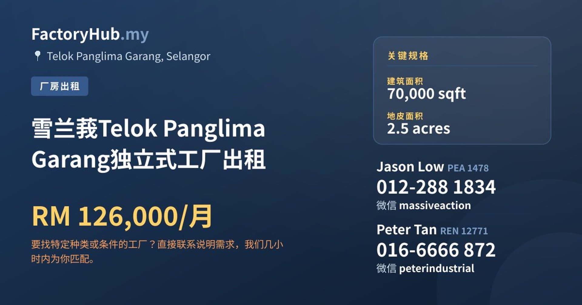 雪兰莪Telok Panglima Garang独立式工厂出租 · 房源图片 1/2