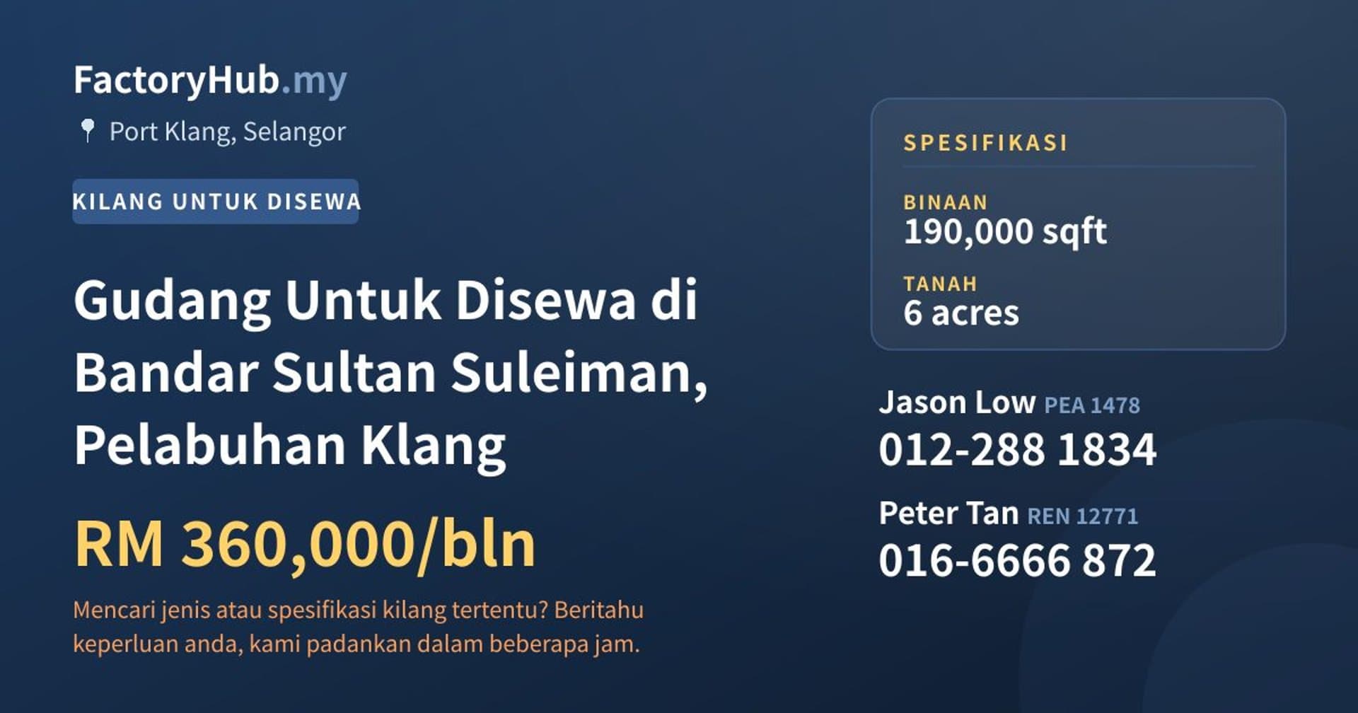 Gudang Untuk Disewa di Bandar Sultan Suleiman, Pelabuhan Klang · Imej hartanah 1/2