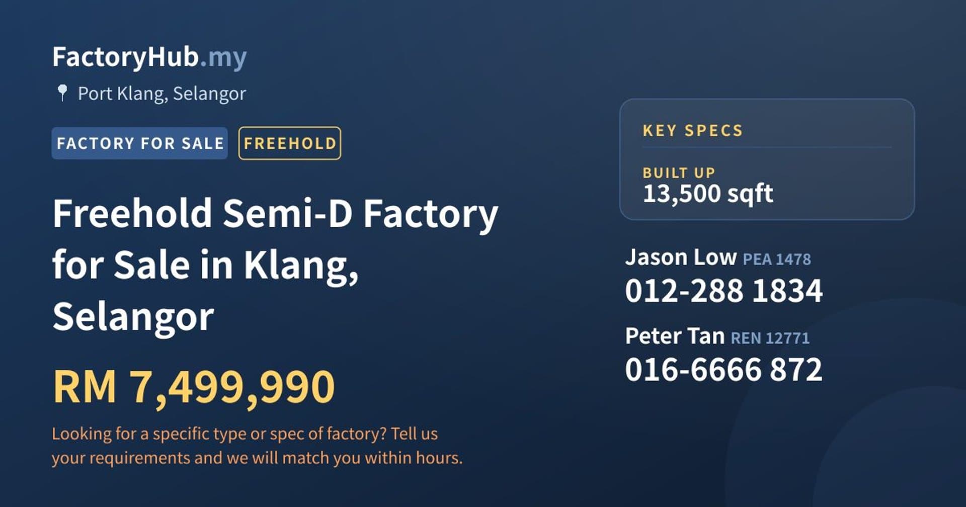 Freehold Semi-D Factory for Sale in Klang, Selangor - Property image 1 of 2
