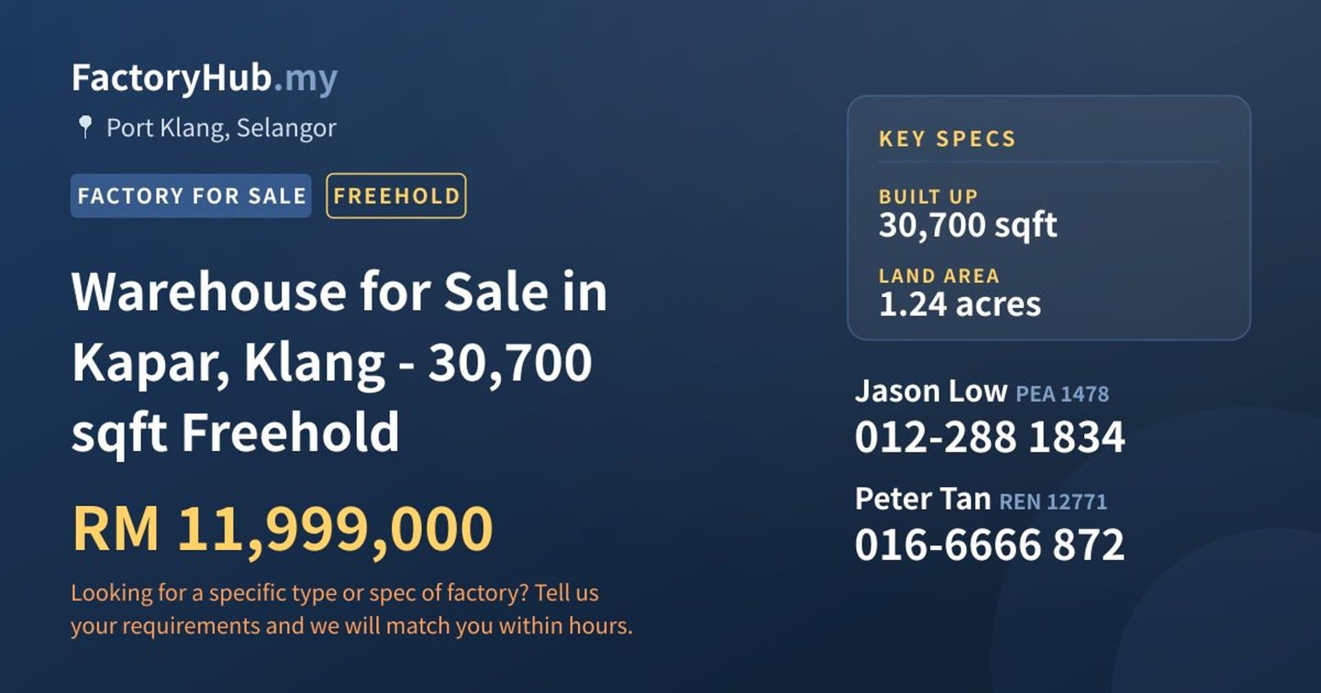 Warehouse for Sale in Kapar, Klang - 30,700 sqft Freehold - Property image 1 of 2