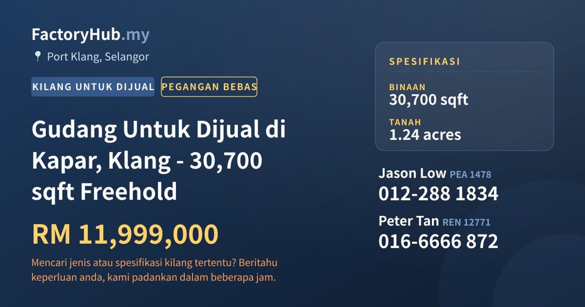 Gudang Untuk Dijual di Kapar, Klang - 30,700 sqft Freehold · Imej hartanah 1/2