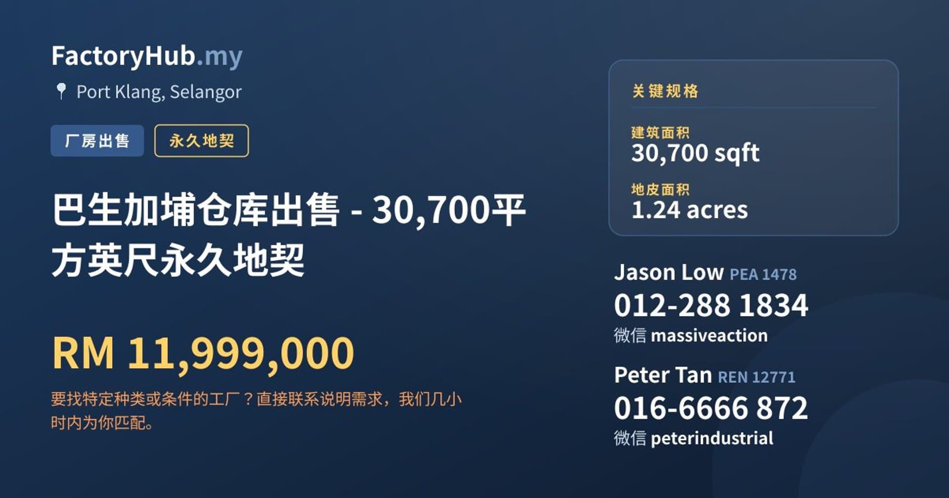 巴生加埔仓库出售 - 30,700平方英尺永久地契 · 房源图片 1/2