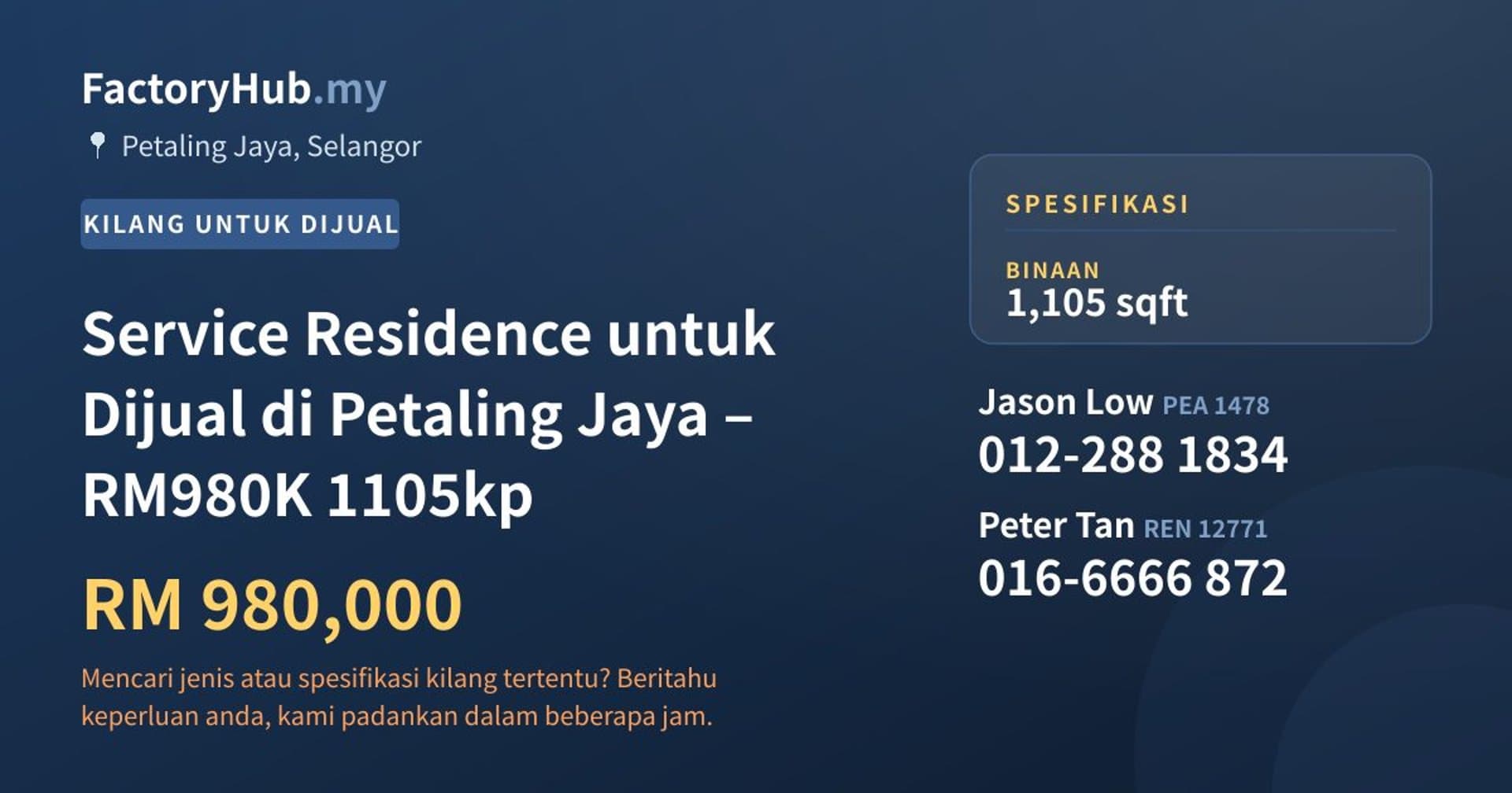 Service Residence untuk Dijual di Petaling Jaya – RM980K 1105kp · Imej hartanah 1/9