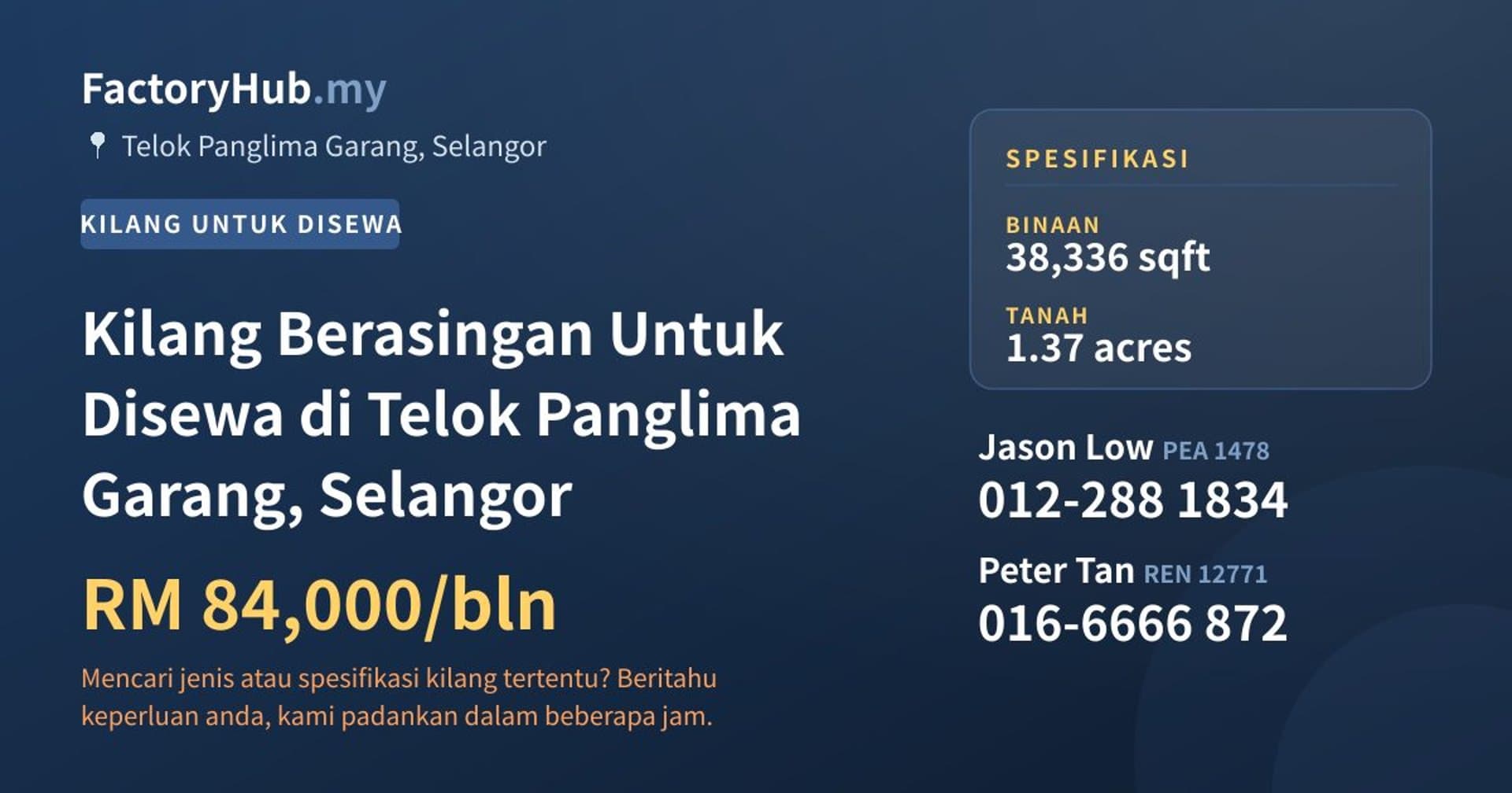 Kilang Berasingan Untuk Disewa di Telok Panglima Garang, Selangor · Imej hartanah 1/2