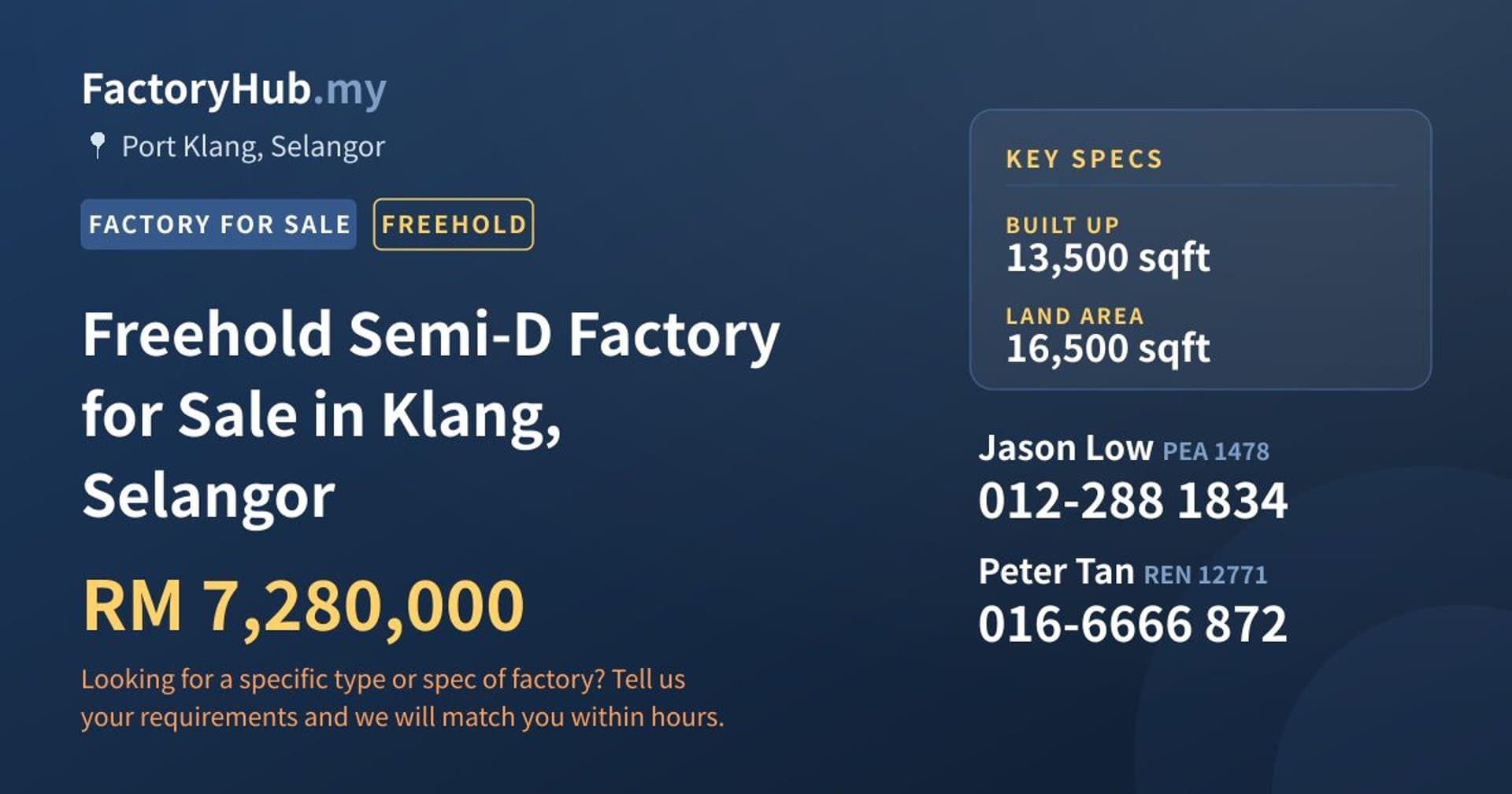 Freehold Semi-D Factory for Sale in Klang, Selangor - Property image 1 of 2