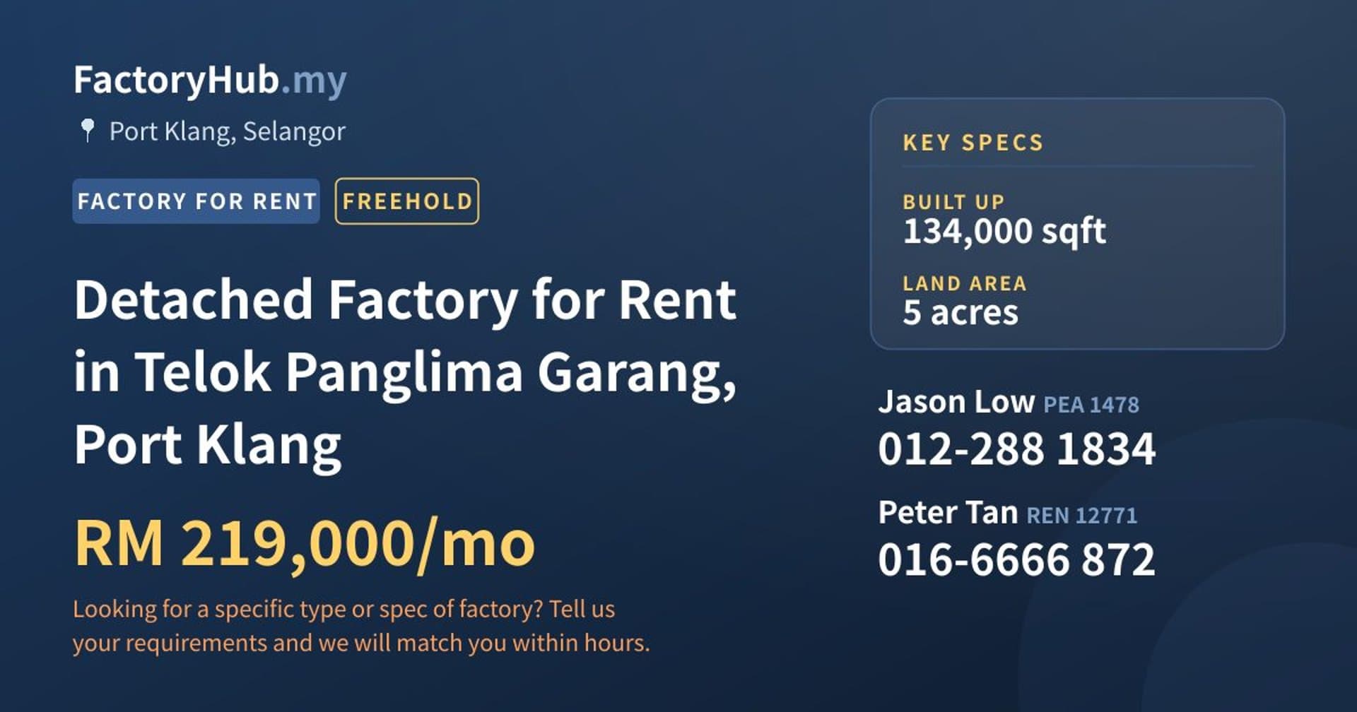 Detached Factory for Rent in Telok Panglima Garang, Port Klang - Property image 1 of 2
