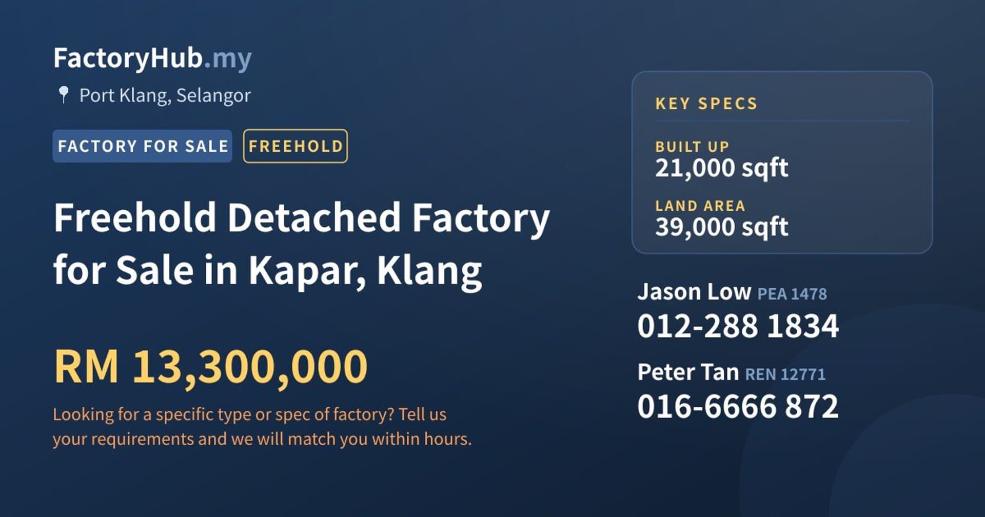 Freehold Detached Factory for Sale in Kapar, Klang - Property image 1 of 2