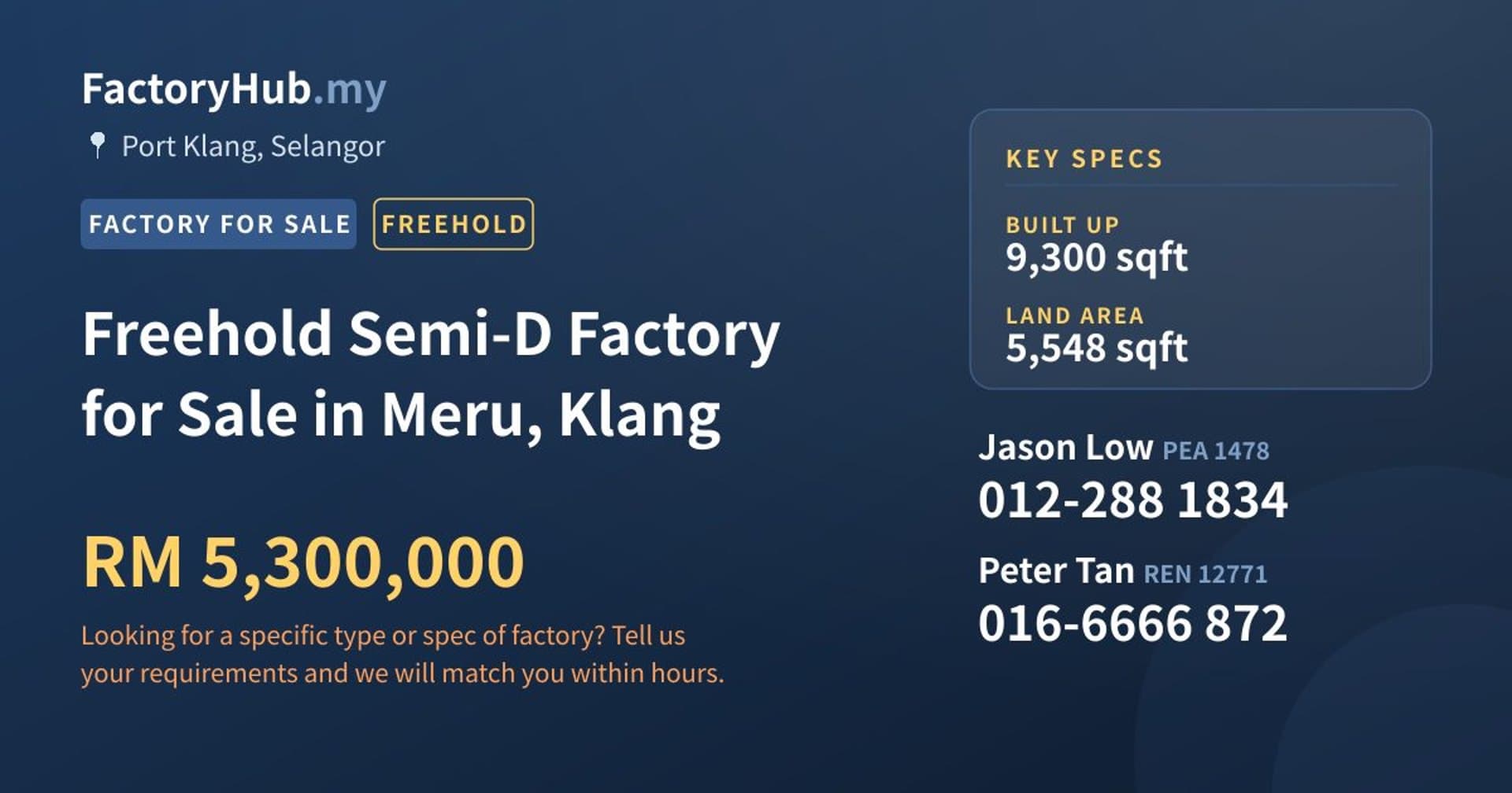 Freehold Semi-D Factory for Sale in Meru, Klang - Property image 1 of 2