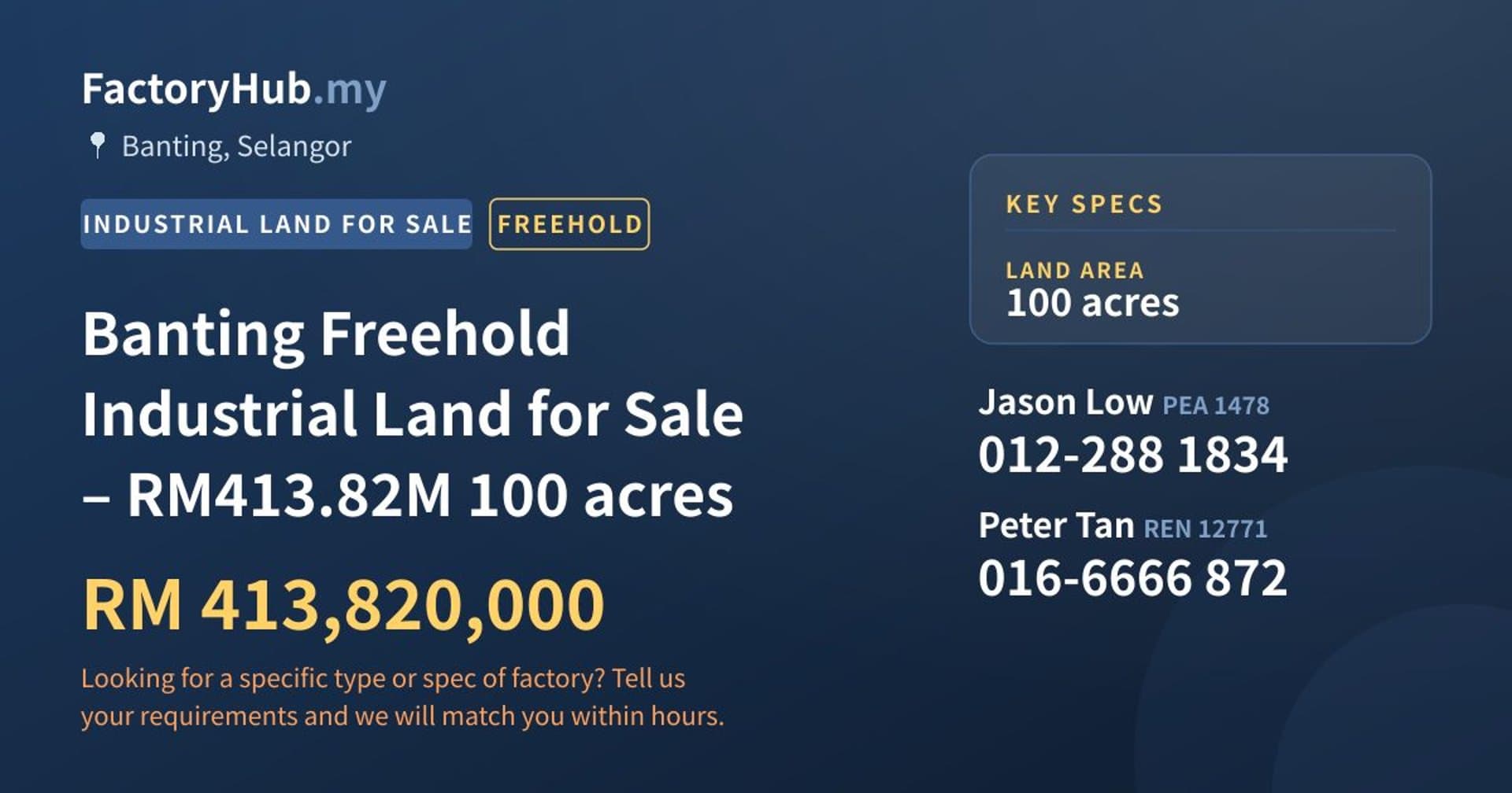 Banting Freehold Industrial Land for Sale – RM413.82M 100 acres - Property image 1 of 6