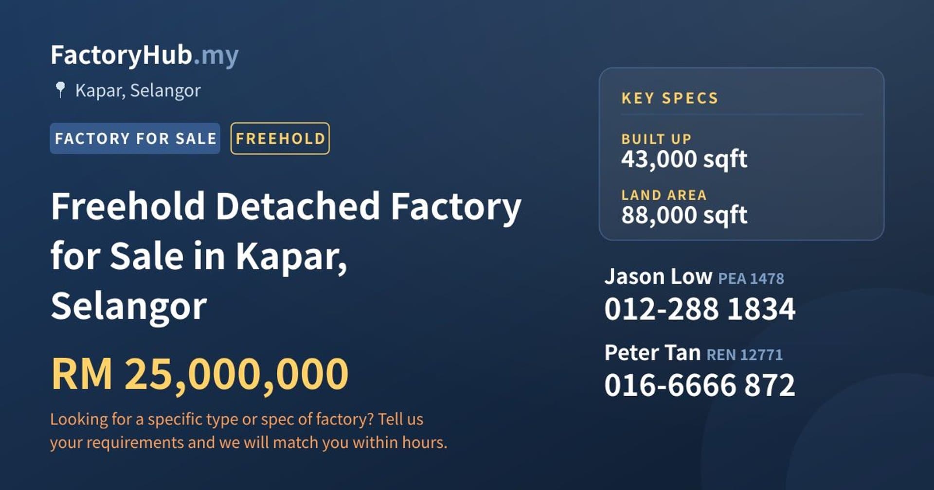 Freehold Detached Factory for Sale in Kapar, Selangor - Property image 1 of 2