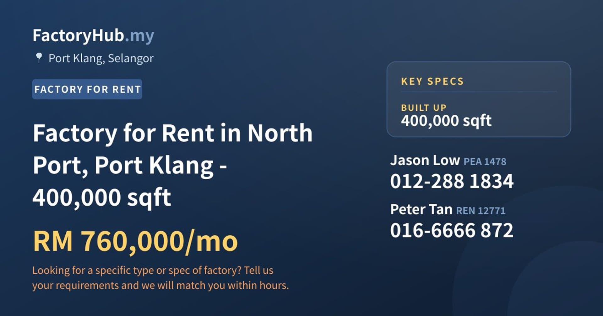 Factory for Rent in North Port, Port Klang - 400,000 sqft - Property image 1 of 2