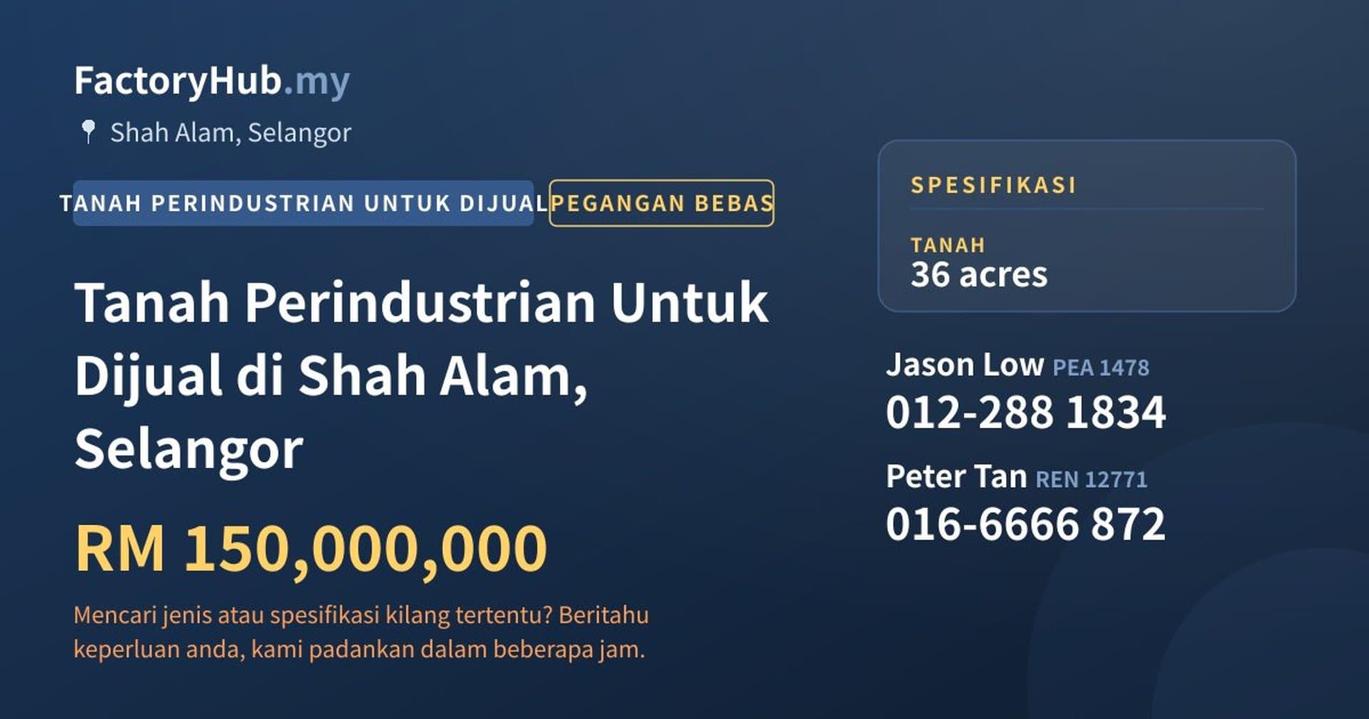 Tanah Perindustrian Untuk Dijual di Shah Alam, Selangor · Imej hartanah 1/2