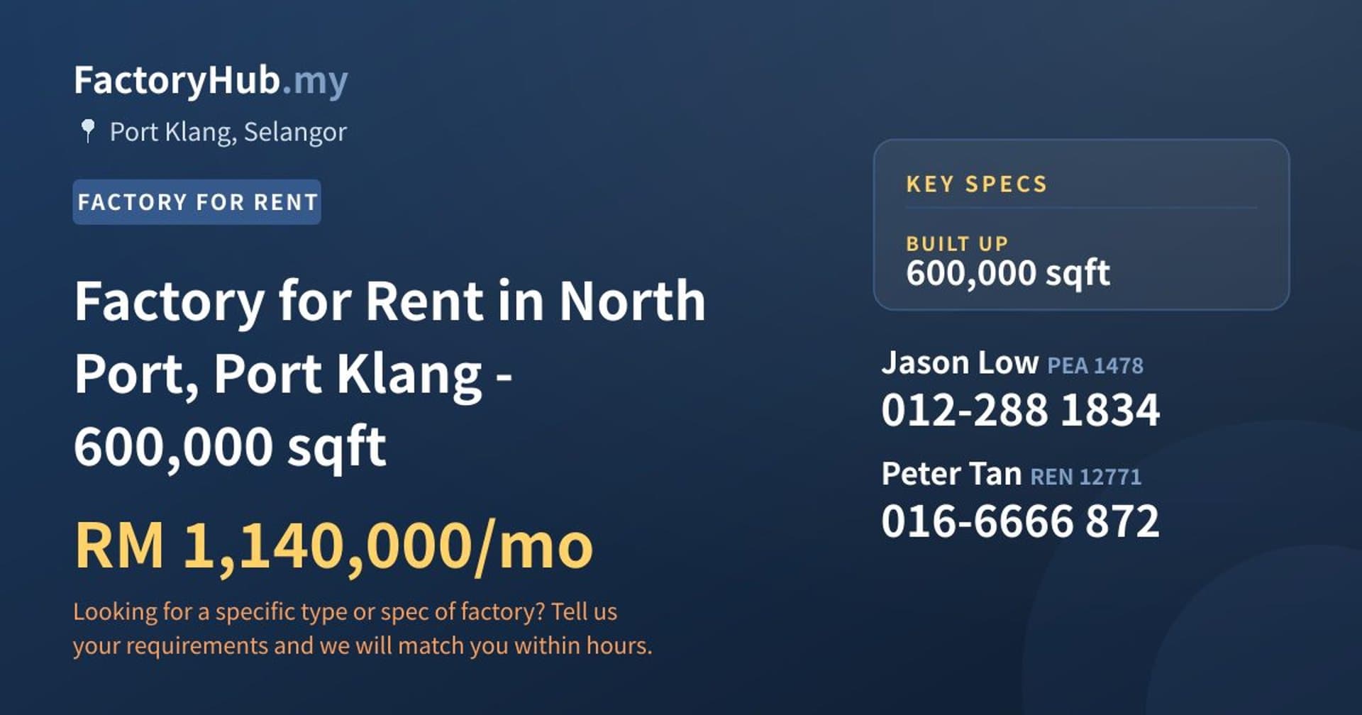 Factory for Rent in North Port, Port Klang - 600,000 sqft - Property image 1 of 2