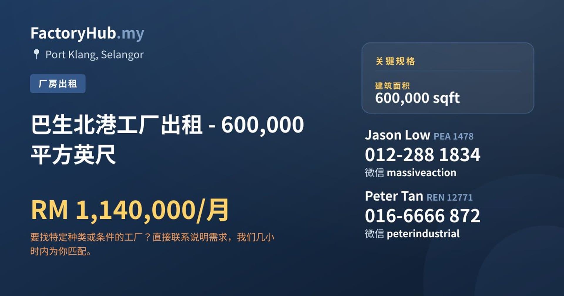 巴生北港工厂出租 - 600,000 平方英尺 · 房源图片 1/2