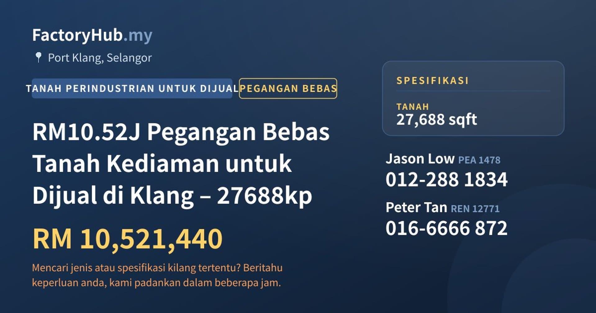 RM10.52J Pegangan Bebas Tanah Kediaman untuk Dijual di Klang – 27688kp · Imej hartanah 1/4