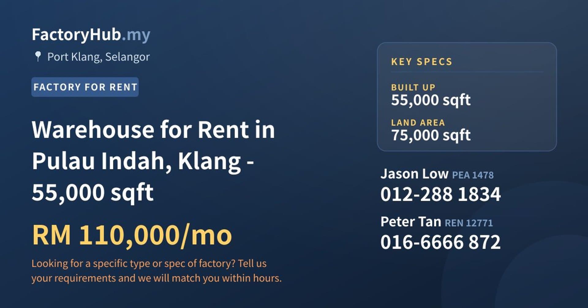 Warehouse for Rent in Pulau Indah, Klang - 55,000 sqft - Property image 1 of 2