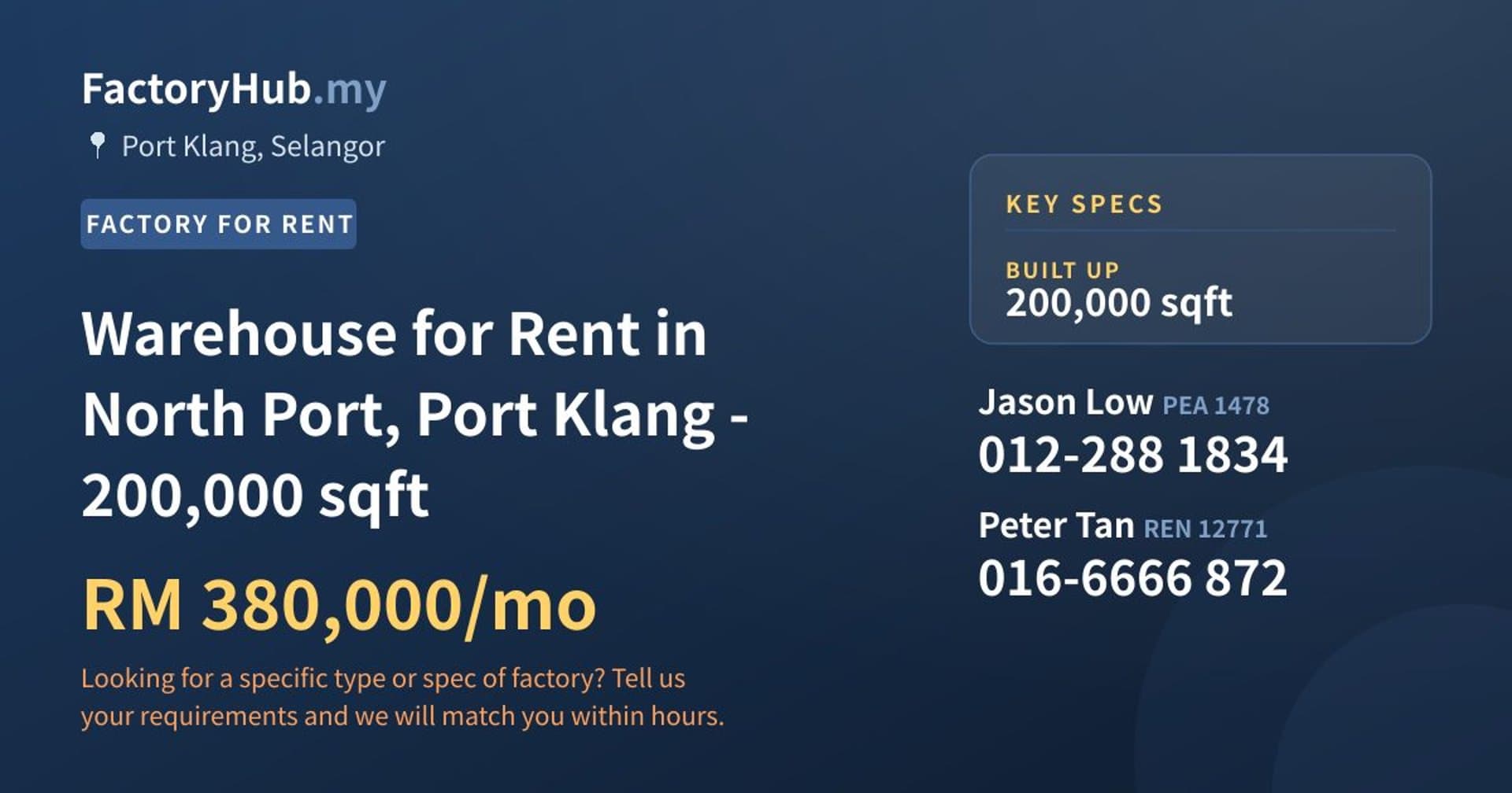Warehouse for Rent in North Port, Port Klang - 200,000 sqft - Property image 1 of 2