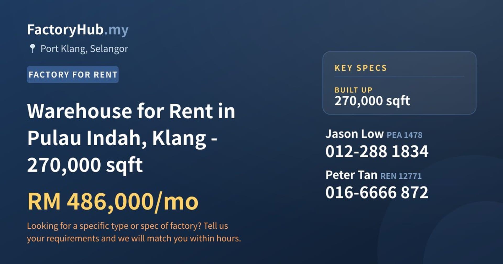 Warehouse for Rent in Pulau Indah, Klang - 270,000 sqft - Property image 1 of 2