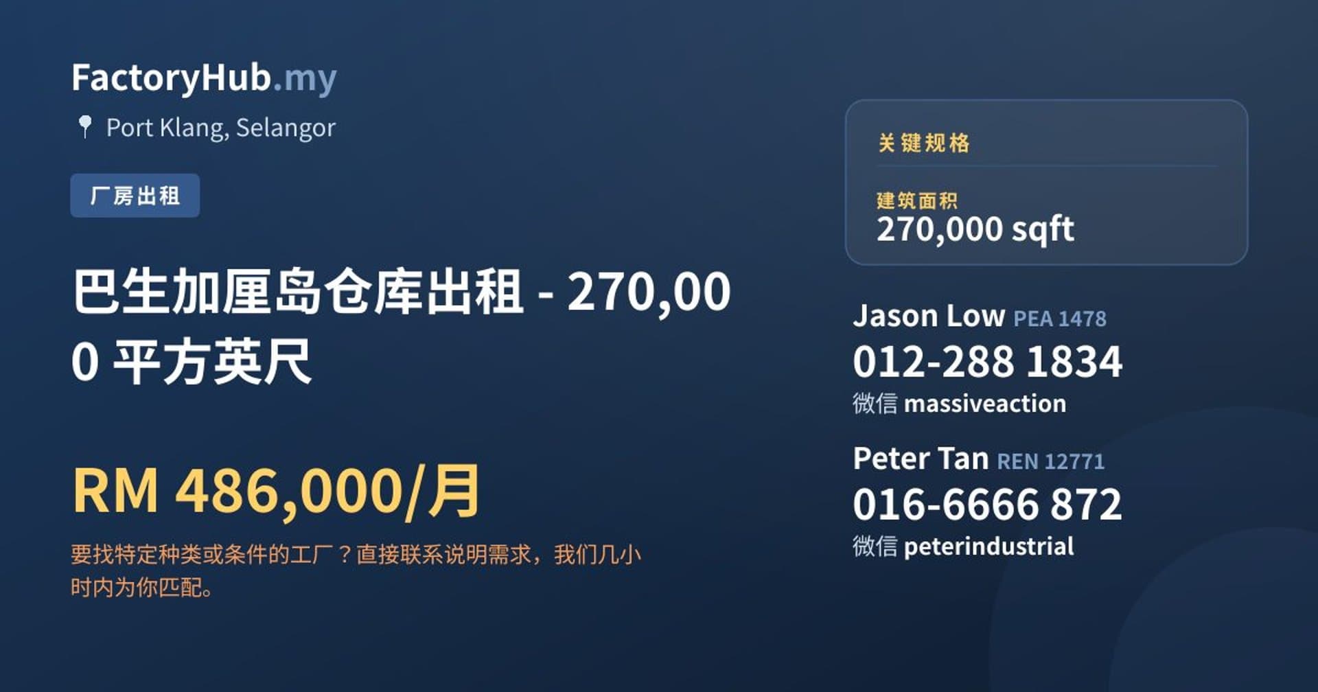巴生加厘岛仓库出租 - 270,000 平方英尺 · 房源图片 1/2