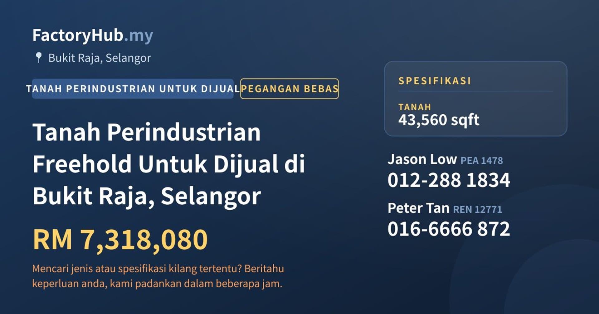 Tanah Perindustrian Freehold Untuk Dijual di Bukit Raja, Selangor · Imej hartanah 1/2