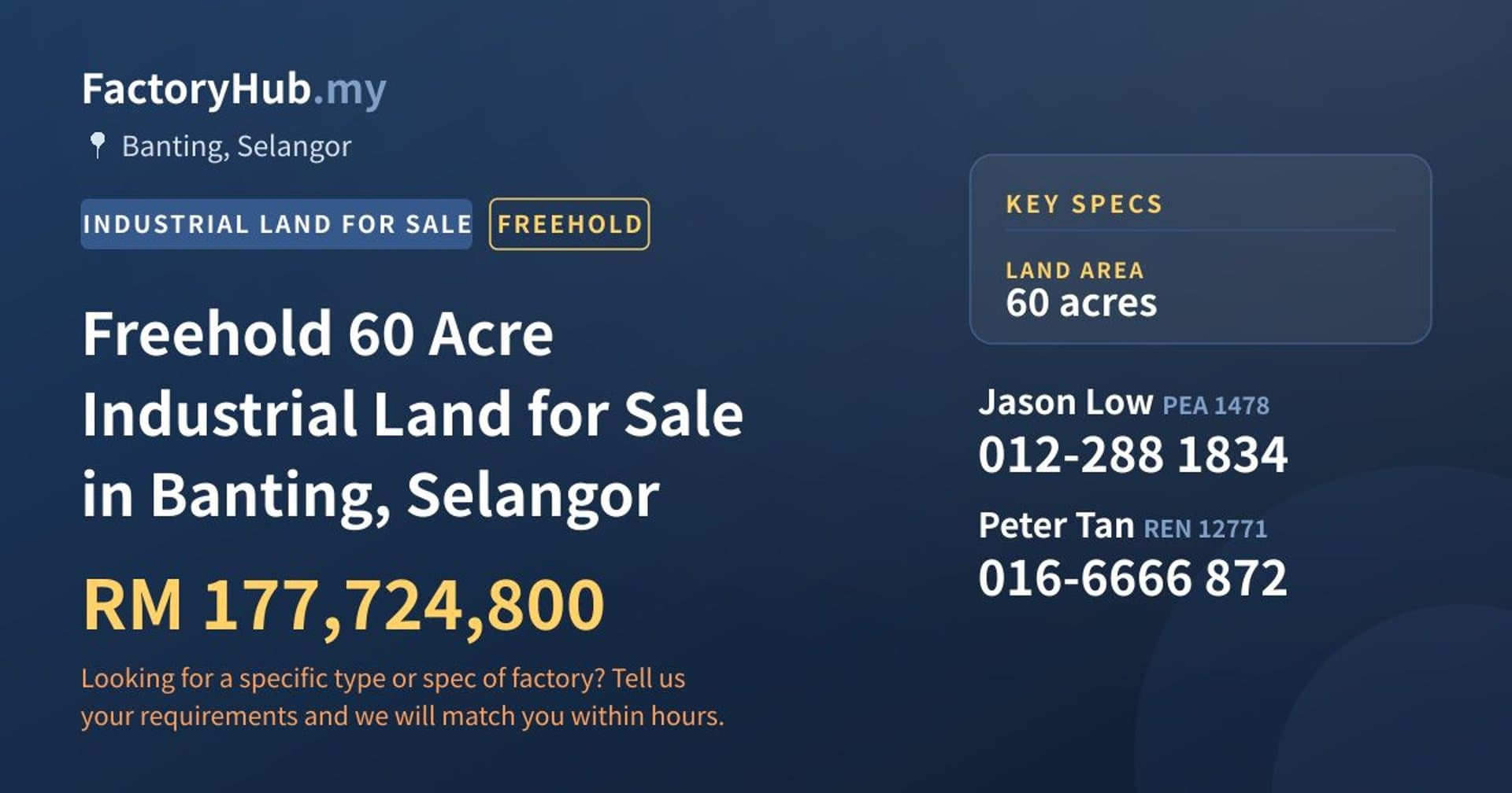 Freehold 60 Acre Industrial Land for Sale in Banting, Selangor - Property image 1 of 2