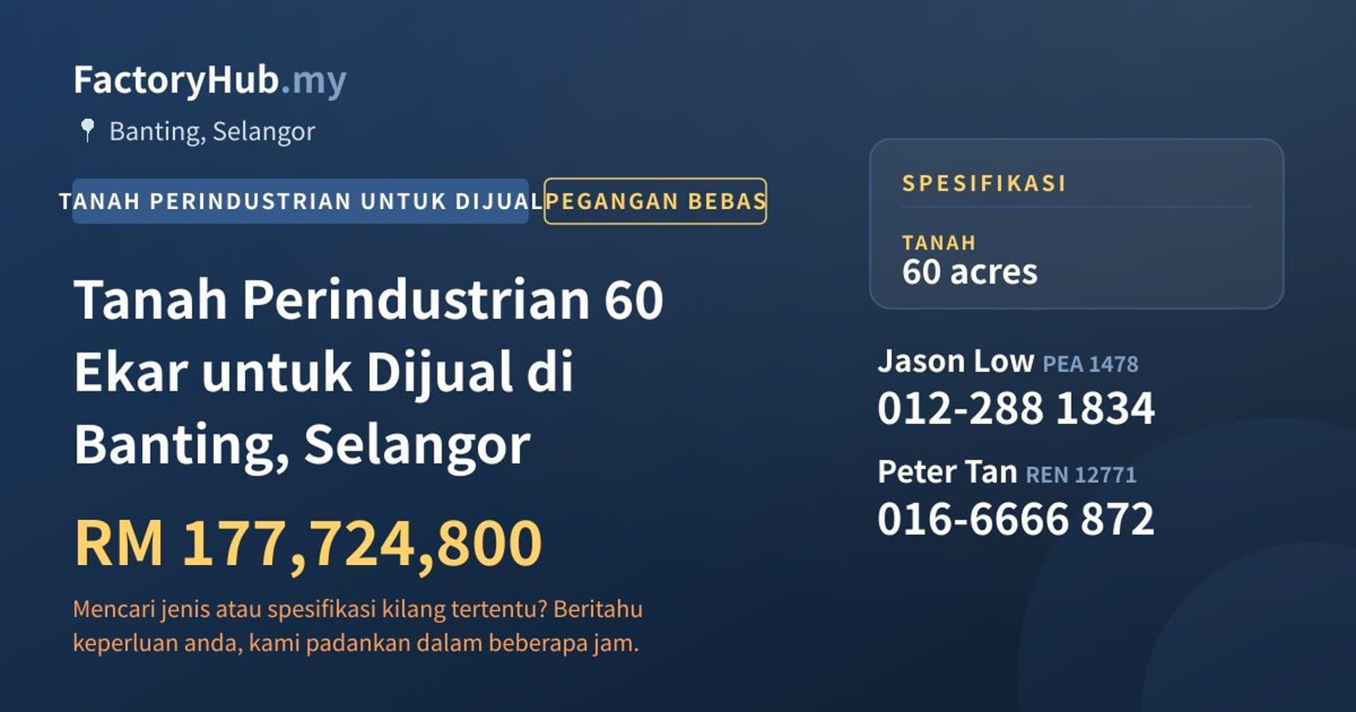 Tanah Perindustrian 60 Ekar untuk Dijual di Banting, Selangor · Imej hartanah 1/2