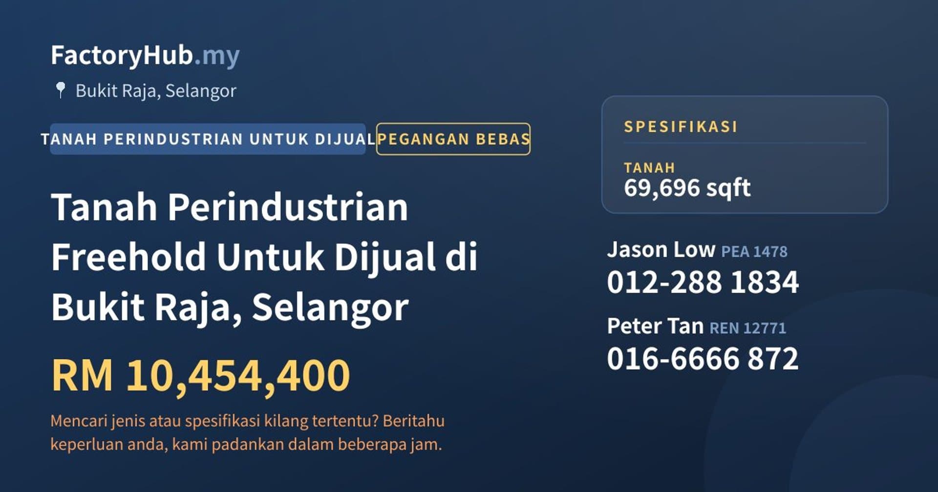 Tanah Perindustrian Freehold Untuk Dijual di Bukit Raja, Selangor · Imej hartanah 1/2