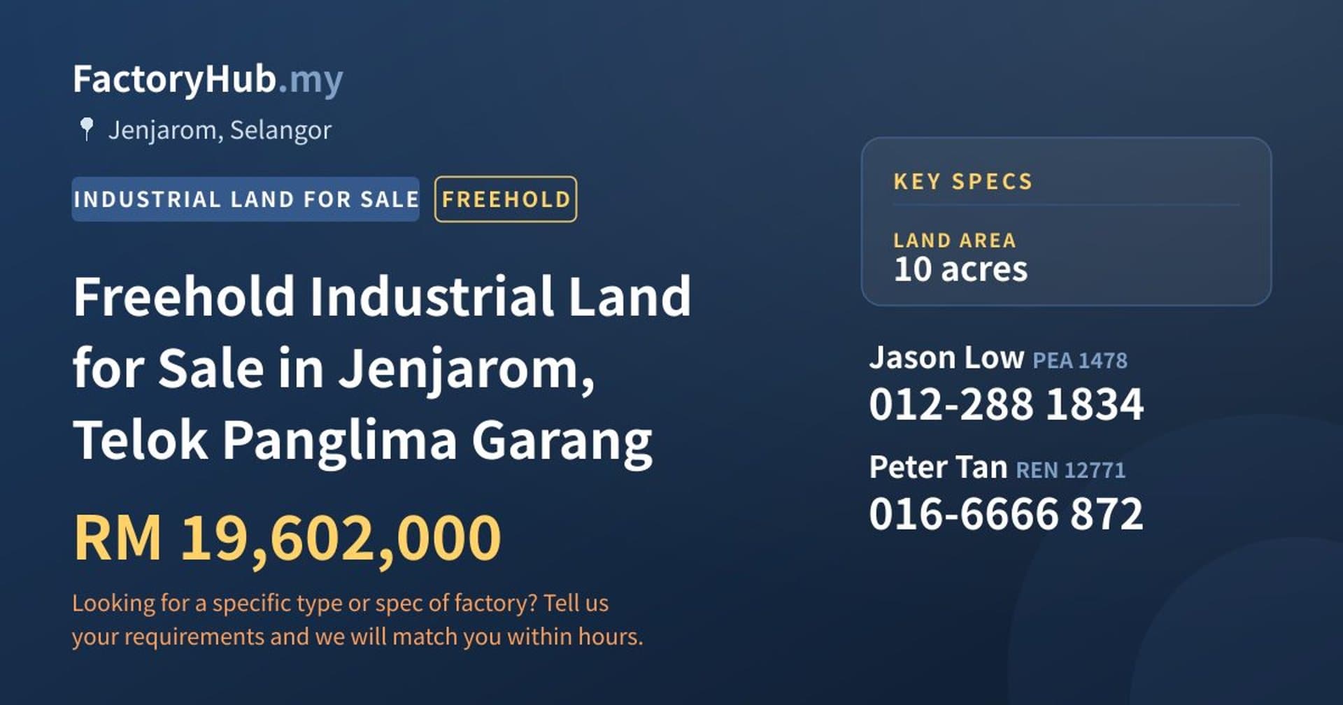 Freehold Industrial Land for Sale in Jenjarom, Telok Panglima Garang - Property image 1 of 2