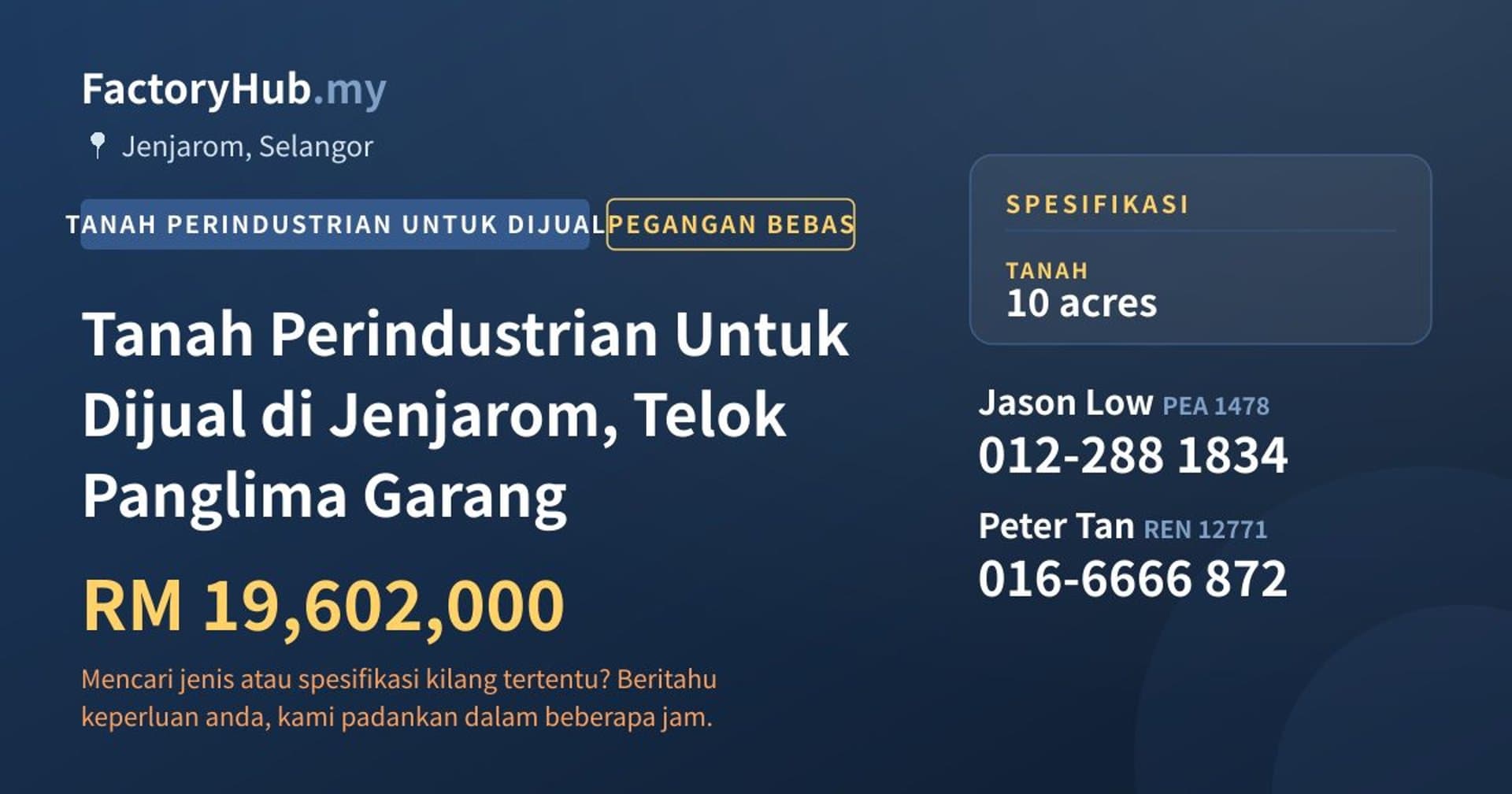 Tanah Perindustrian Untuk Dijual di Jenjarom, Telok Panglima Garang · Imej hartanah 1/2