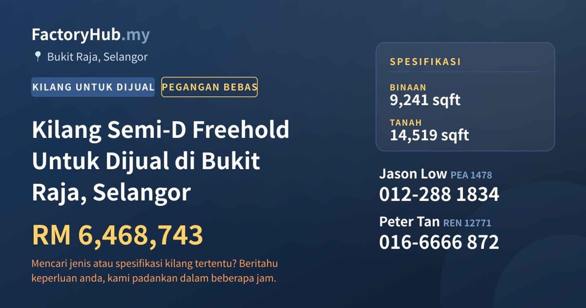Kilang Semi-D Freehold Untuk Dijual di Bukit Raja, Selangor · Imej hartanah 1/2
