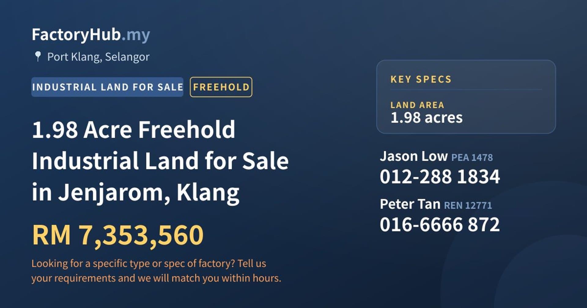 1.98 Acre Freehold Industrial Land for Sale in Jenjarom, Klang - Property image 1 of 2