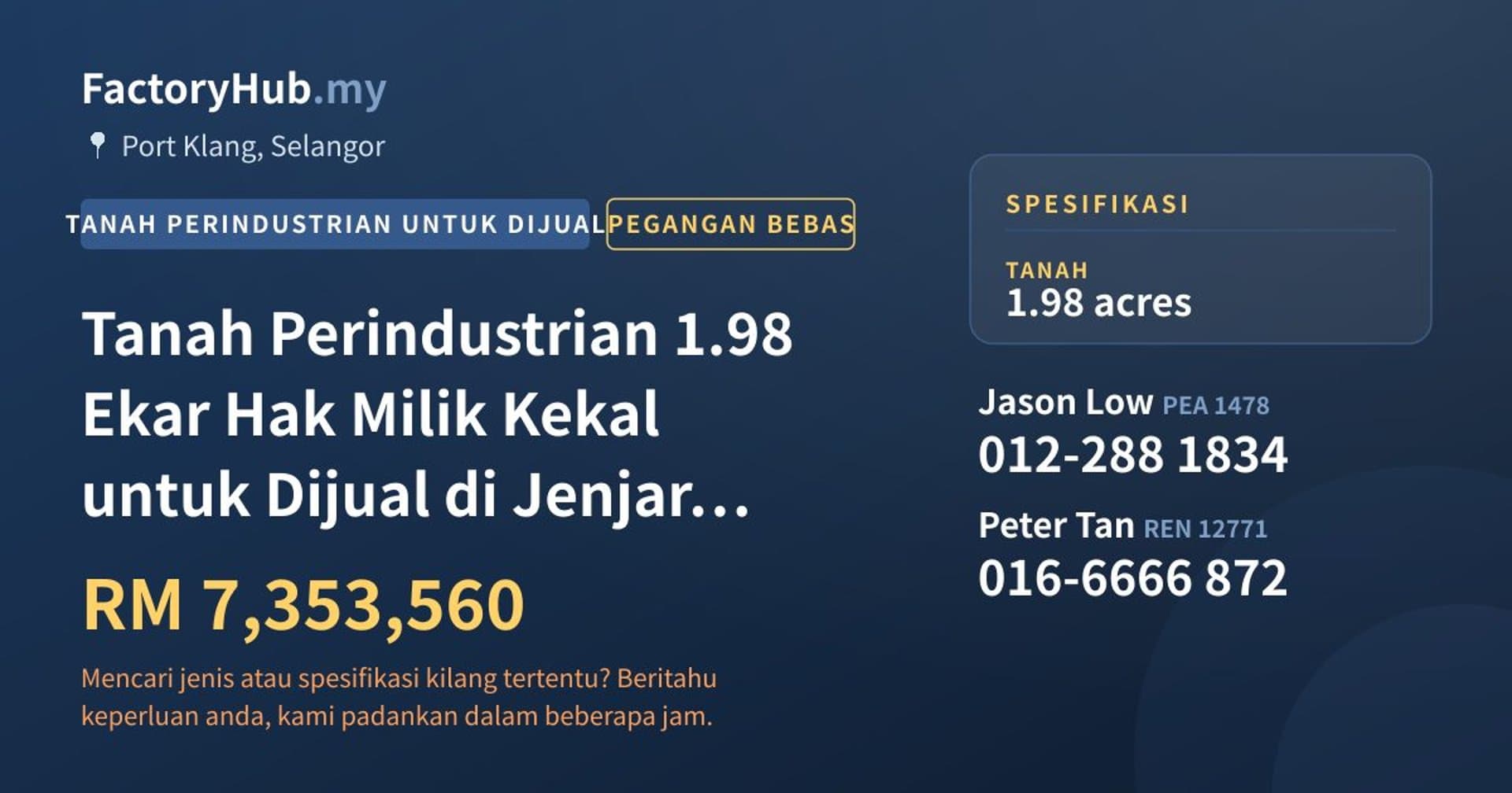 Tanah Perindustrian 1.98 Ekar Hak Milik Kekal untuk Dijual di Jenjarom, Klang · Imej hartanah 1/2