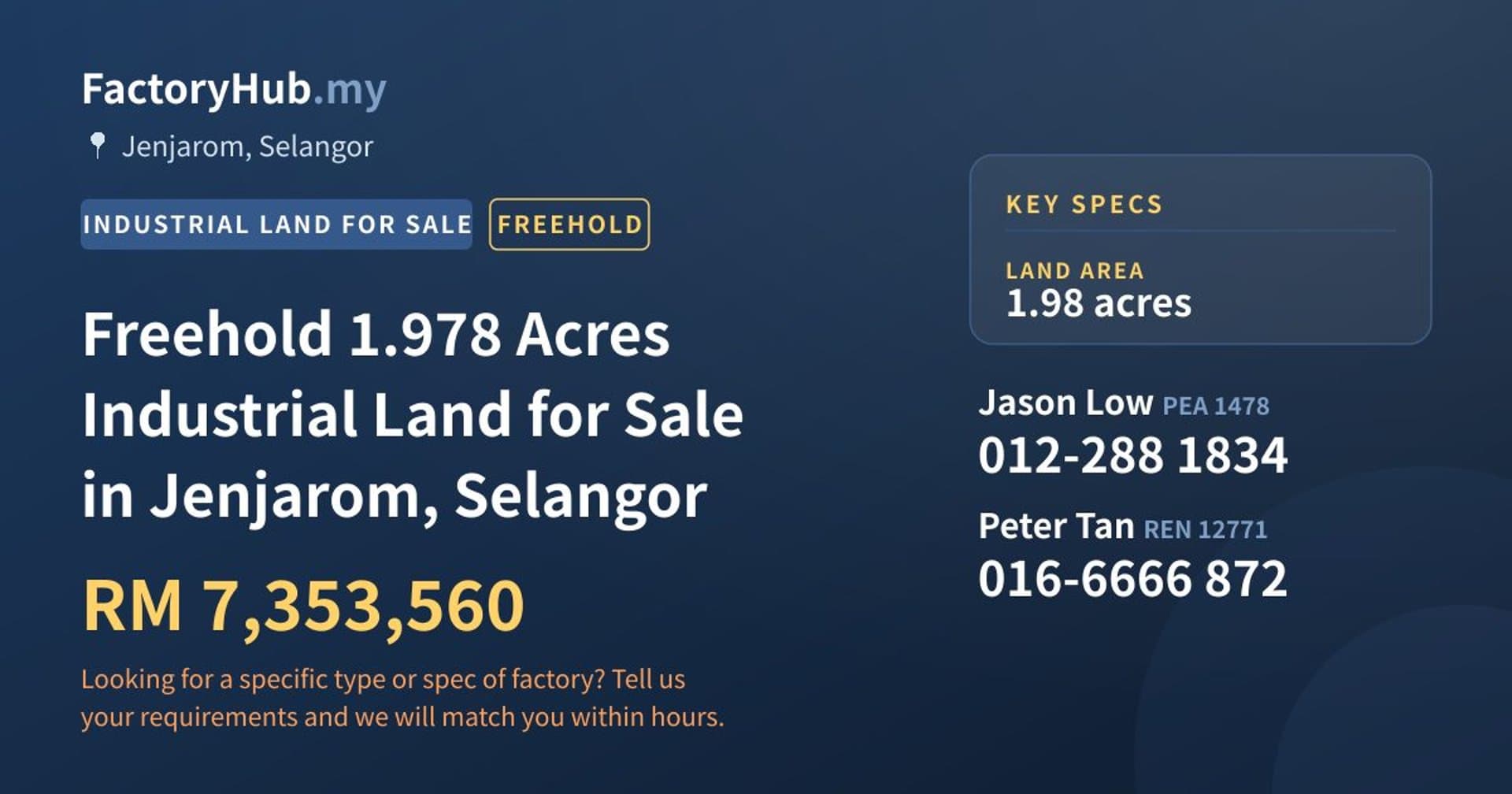 Freehold 1.978 Acres Industrial Land for Sale in Jenjarom, Selangor - Property image 1 of 2